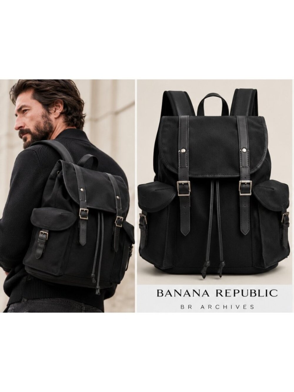 Banana Republic Black Cotton Canvas Leather Trim Utility Backpack